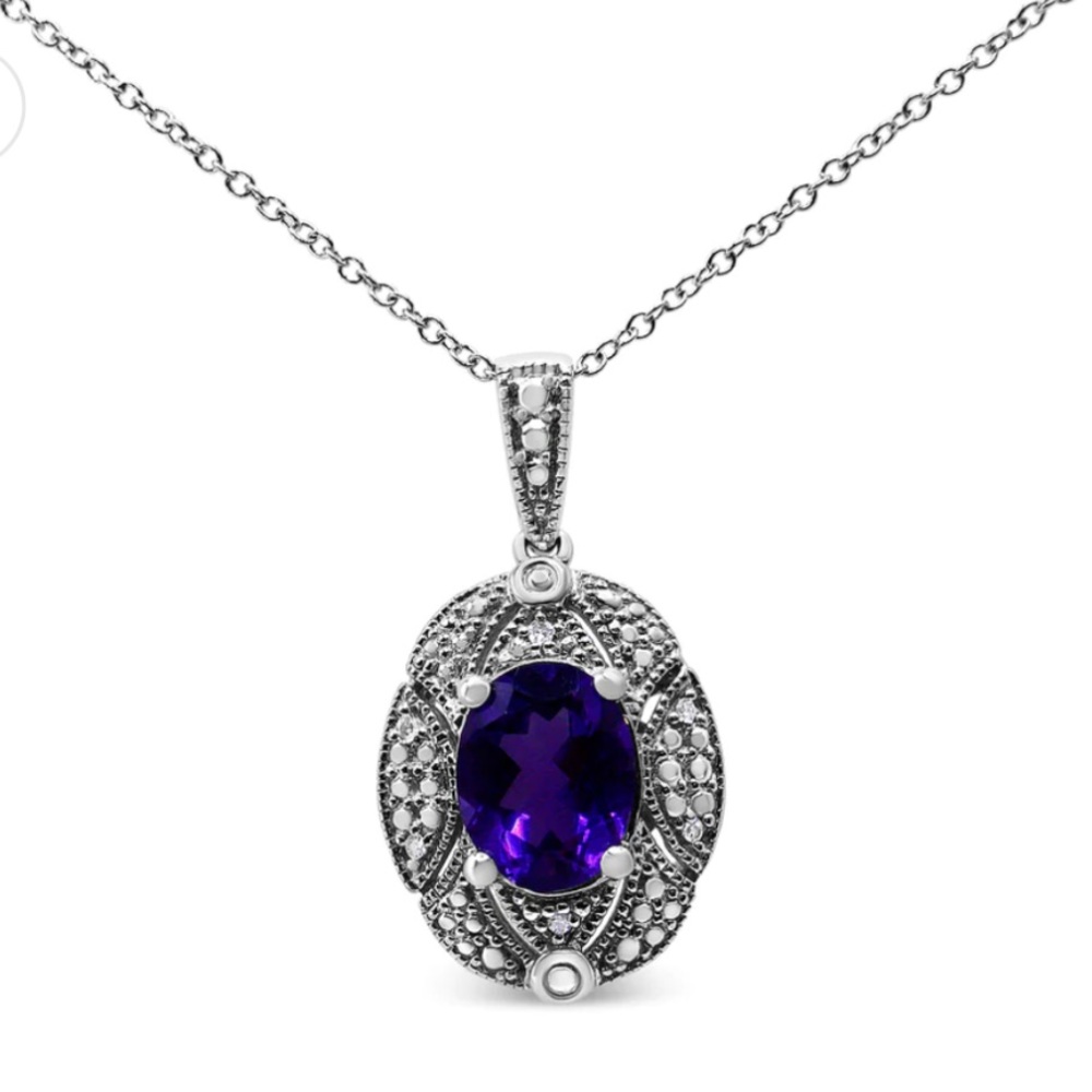 Haus of Brilliance .925 Silver Diamond Accent Oval Amethyst Pendant Necklace - Picture 4 of 5